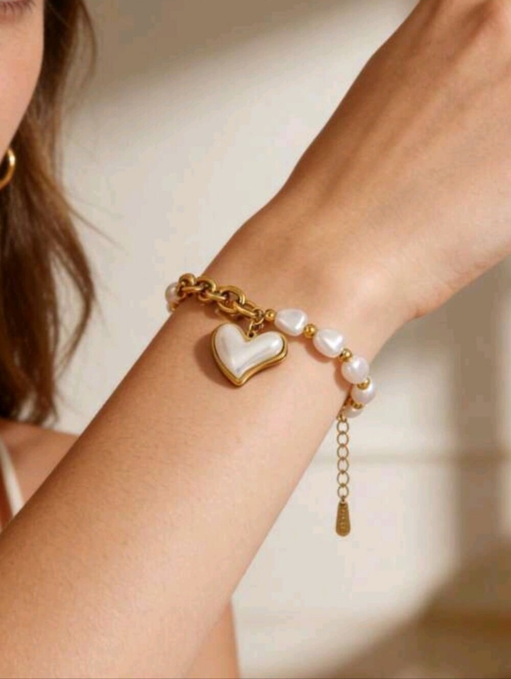 Gold  Plated Pearl Heart Charm Bracelet - Elegant Women's Jewelry